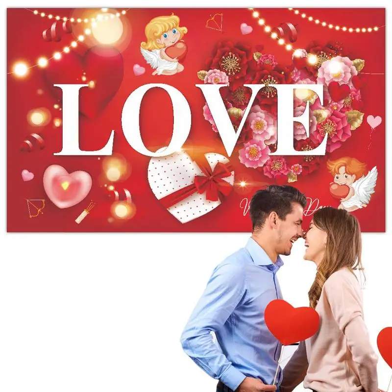 

Happy Valentine's Day Backdrop Banner Red Romantic Valentine's Day Flower Background Polyester Valentine's Day Photography