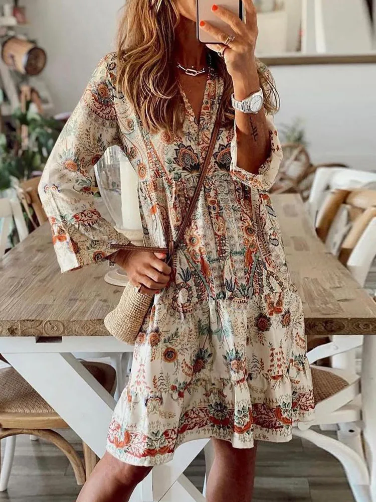 

Vintage Printed Dress Women Sexy V-Neck Ruffle Boho Dress Spring Casual Long Sleeve Holiday Beach Dresses Vestido Feminino