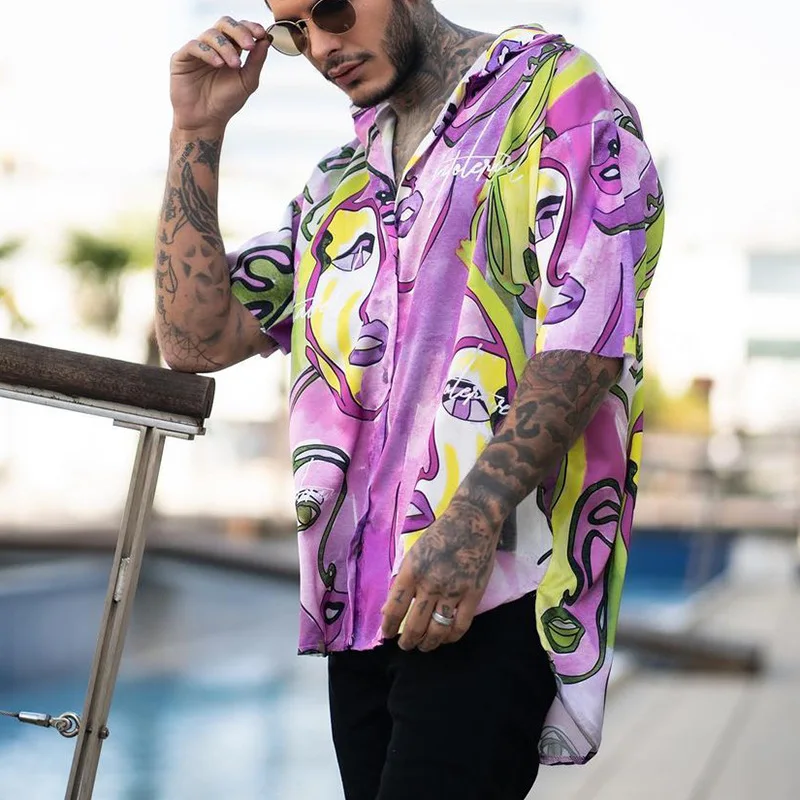 Summer Shirt Men's Casual Printed Loose Cardigan V-neck Shirt Men's Fashion Long Sleeve Single-Breasted Turn-down Collar Shirt