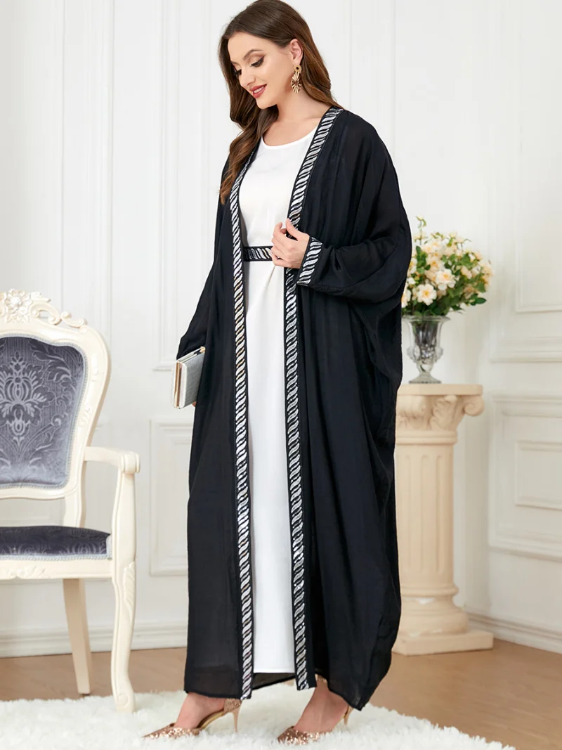 Abayat Muslim Sets Solid Color Front Open Black Abaya And Belted Dress African Dresses For Women Moroccan Caftan Autumn Winter