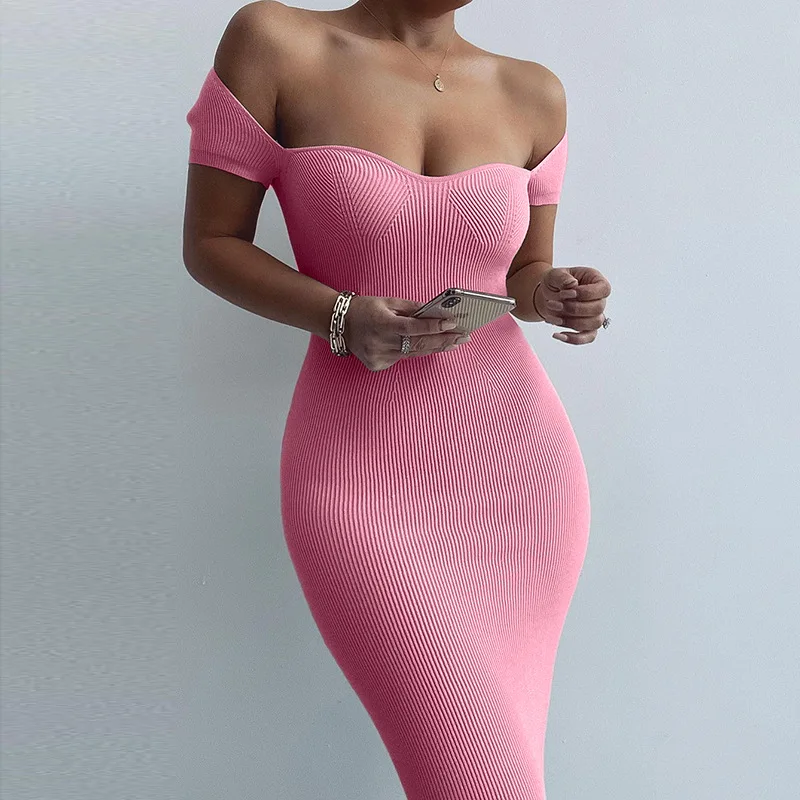 

Fashion Summer Woman Sexy Lady's Solid Knitting Skin Tight Maxi Dress Slash Neck Elegant Bodycon One Step Long Dresses Wedding