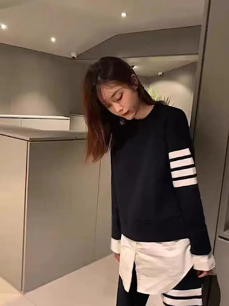 TB fake two-piece cotton sweater stitching shirt mid-length loose round neck pullover autumn bottoming women