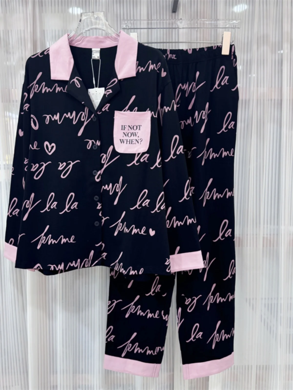 Bailunshijia женские пижамы с длинными рукавами из чистого хлопка черные буквы розовые