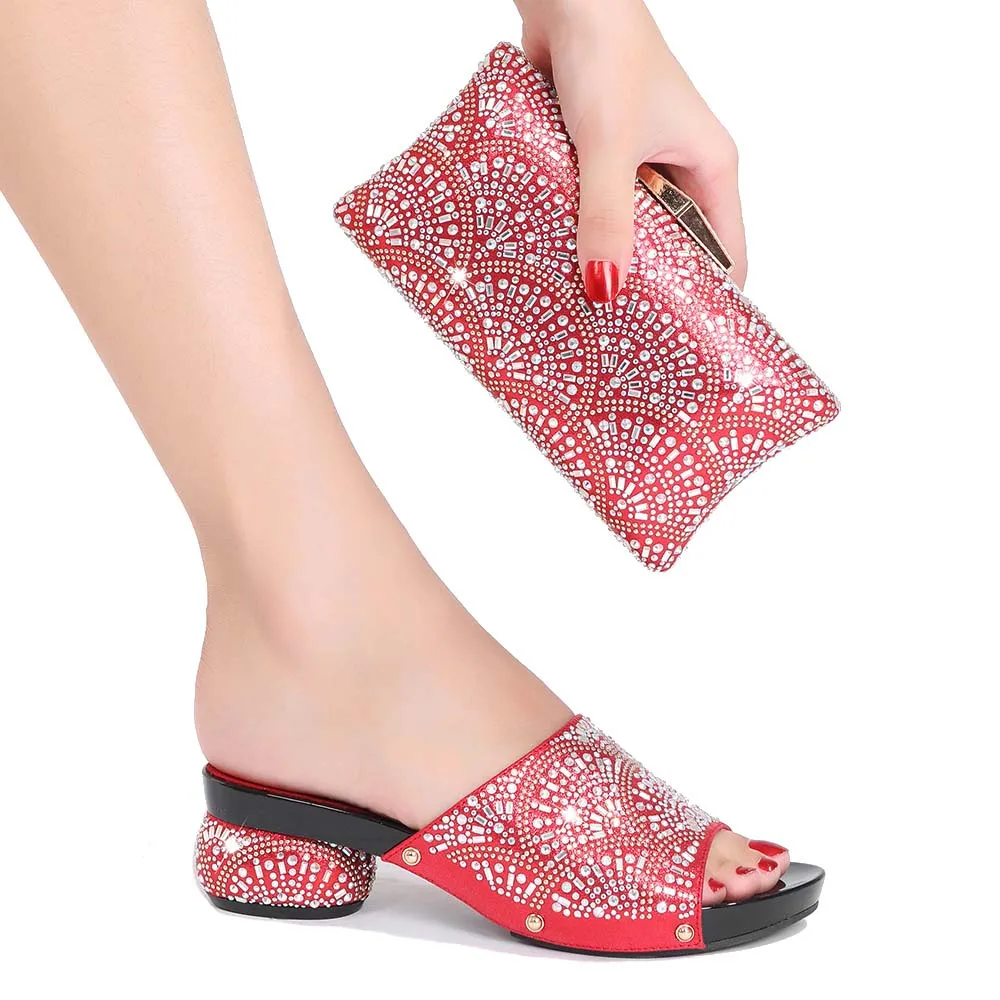 2022 Womens Shoes Spring Rhinestone Fashion Slippers Banquet Wedding Summer Party Crystal Large Bag Shoes Set Africa Nigeria