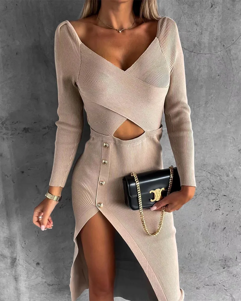 

Crisscross Cutout Long Sleeve High Slit Dress Women Evening Formal Party Sexy Slim Ankle Length Solid Color Long Slim Dress