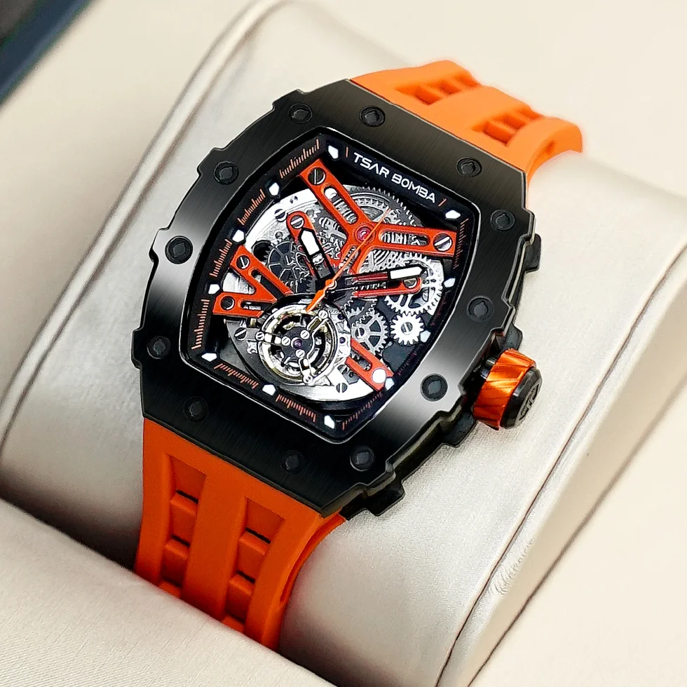 

TSAR BOMBA Automatic Watch Men Mechanical Skeleton Design Sapphire Clock Waterproof Luxury Fashion Wrist Watch for Men