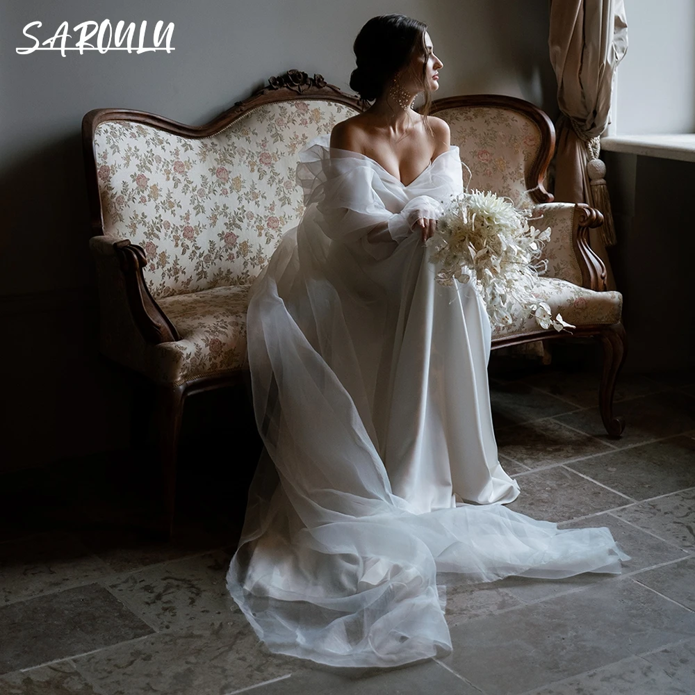 

Organza Tulle A Line Elegant Wedding Dress Custom Made Long Sleeves Satin Simple Modest Off Shoulder Bridal Gowns
