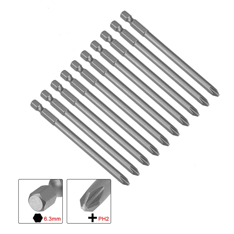 

uxcell 10pcs PH2 Magnetic Phillips Head Screwdriver Bits Hand Tools 100mm Length 1/4" Hex Shank 6mm S2 steel