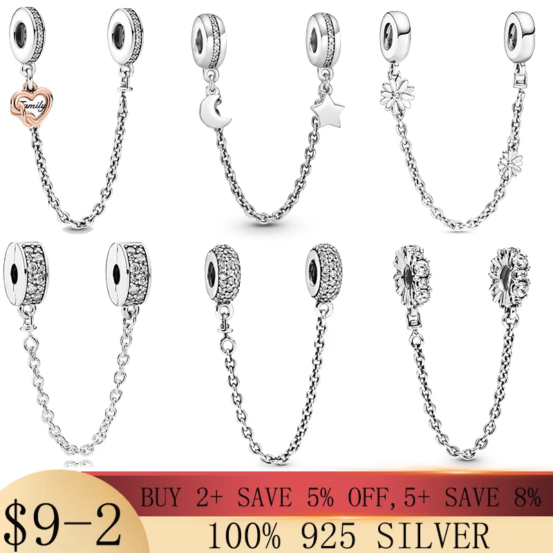 

DIY Jewelry 925 Sterling Silver Sparkling Clear Sparkle Flower Safety Chain Charms Beads Fit Original beads Bracelet Pendant