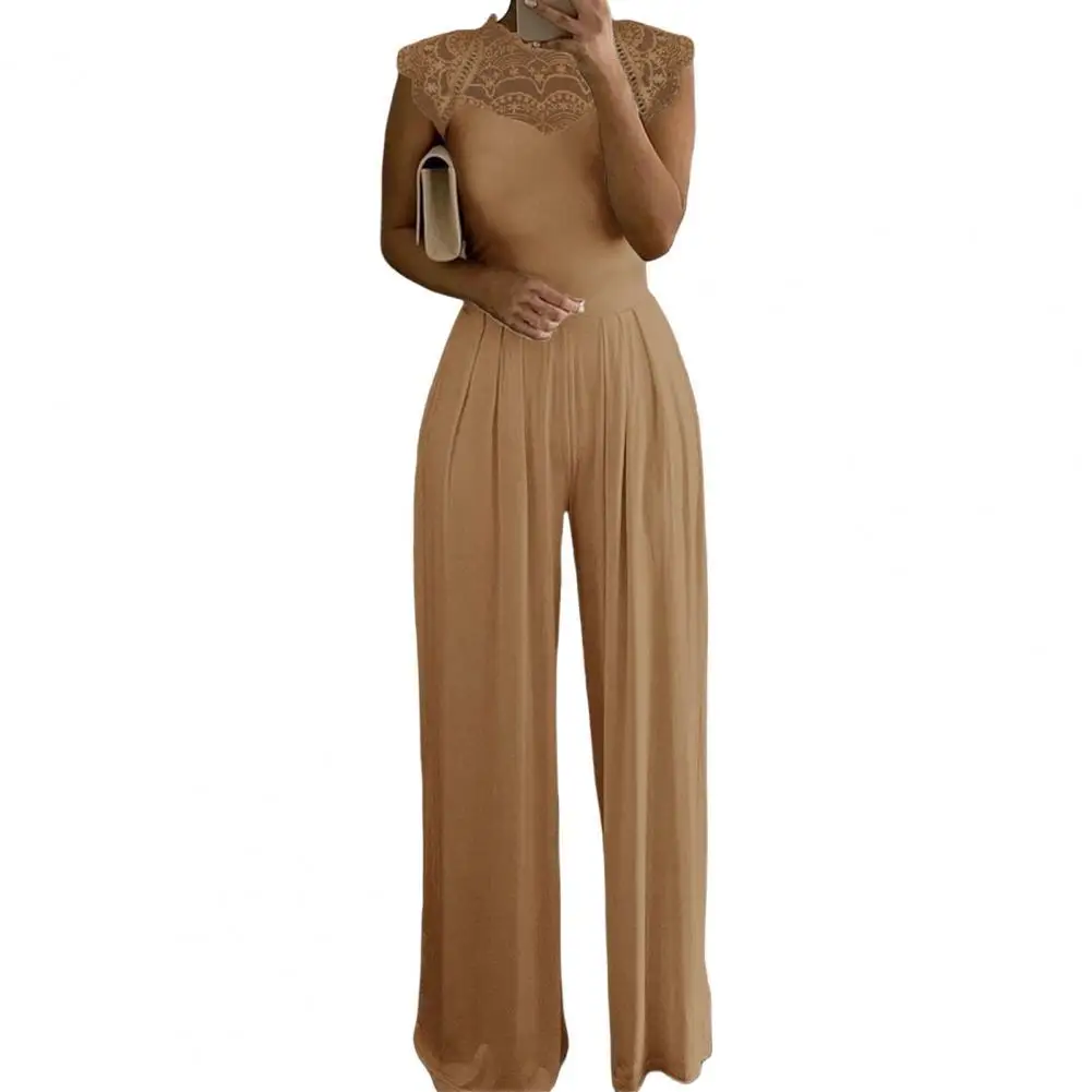 

Summer Jumpsuit Women 2022 Elegant Sleeveless Soft Lace Solid Color Crew Neck Jumpsuit Daily Garment Women Wide Leg Romper