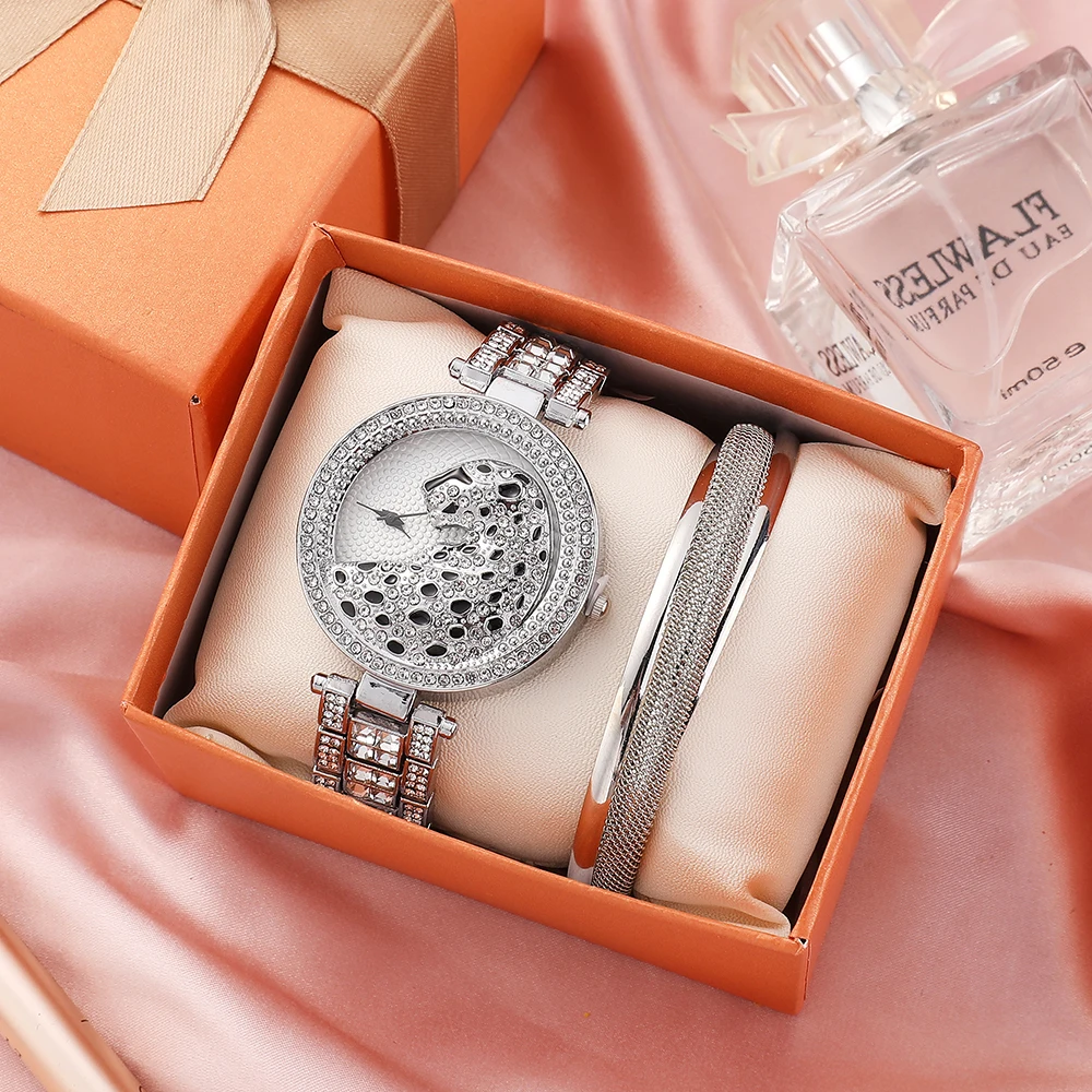2022 Fashion exaggeration women's leopard head diamond inlaid quartz watch alloy bracelet 2-piece set watch gift box