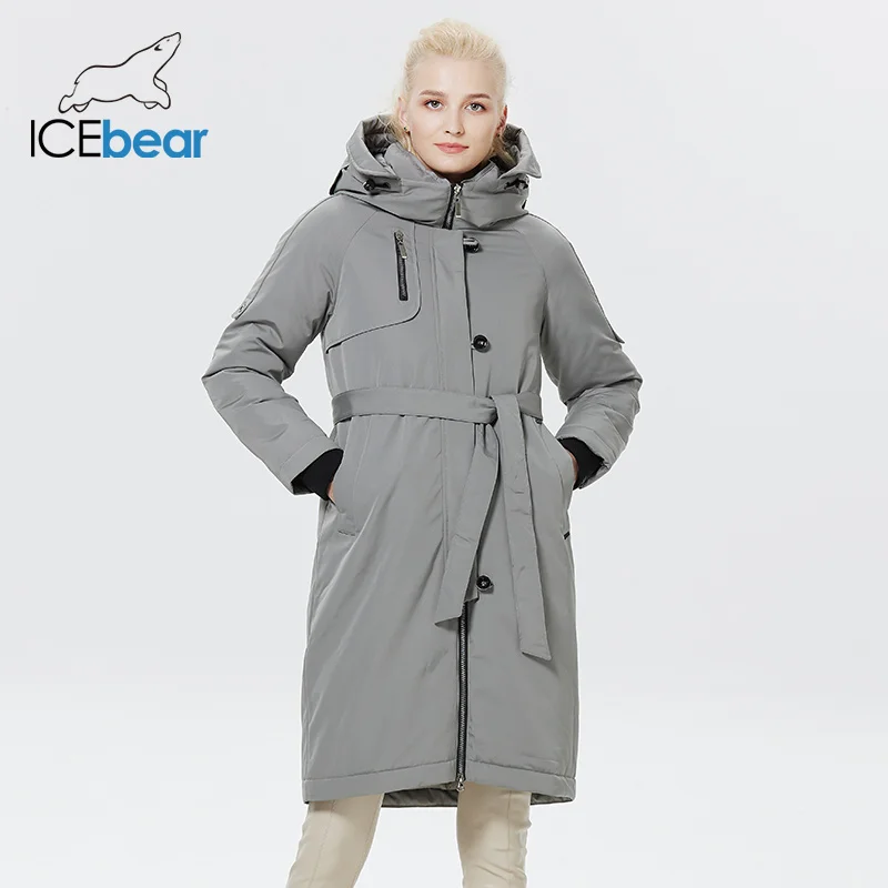 

ICEbear 2023 New Winter Womens Winter Jacket Collar With Hood Warm Coat Thickened Windproof Parka With Belt GWD22599I