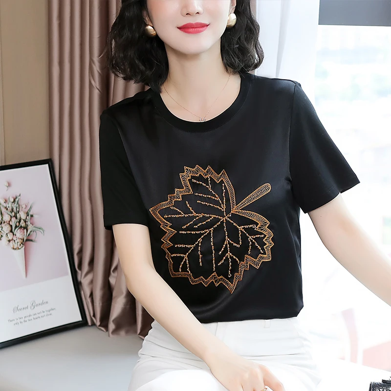 

Nylon Cotton Women's T-shirt Summer Loose Top Diamond Short Sleeve Korean Fashion O-neck Tees Movafag
