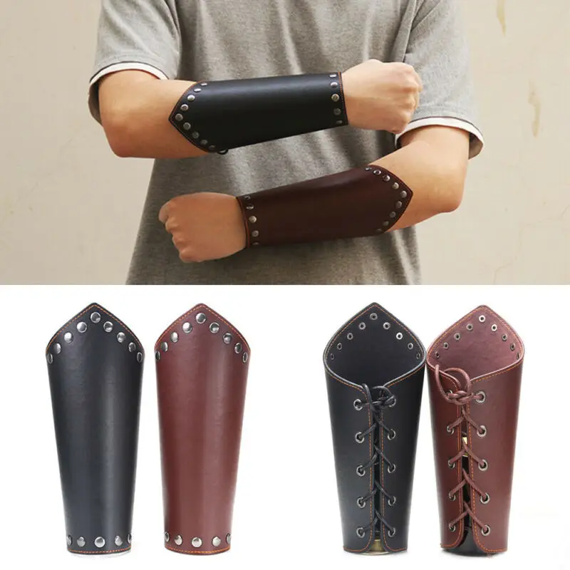 1 PC Cosplay Props Faux Leather Wide Bracer Lace Up Arm Armor Cuff String Steampunk Medieval Gauntlet Wristband Black