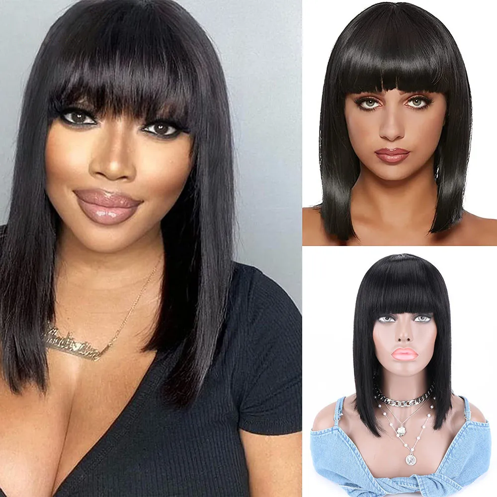 Bliss Bob with Bangs Human Hair Wig Straight Brazilian Remy Bob Hair Wigs Full Machine Made Cheap Human Hair Wigs for Women
