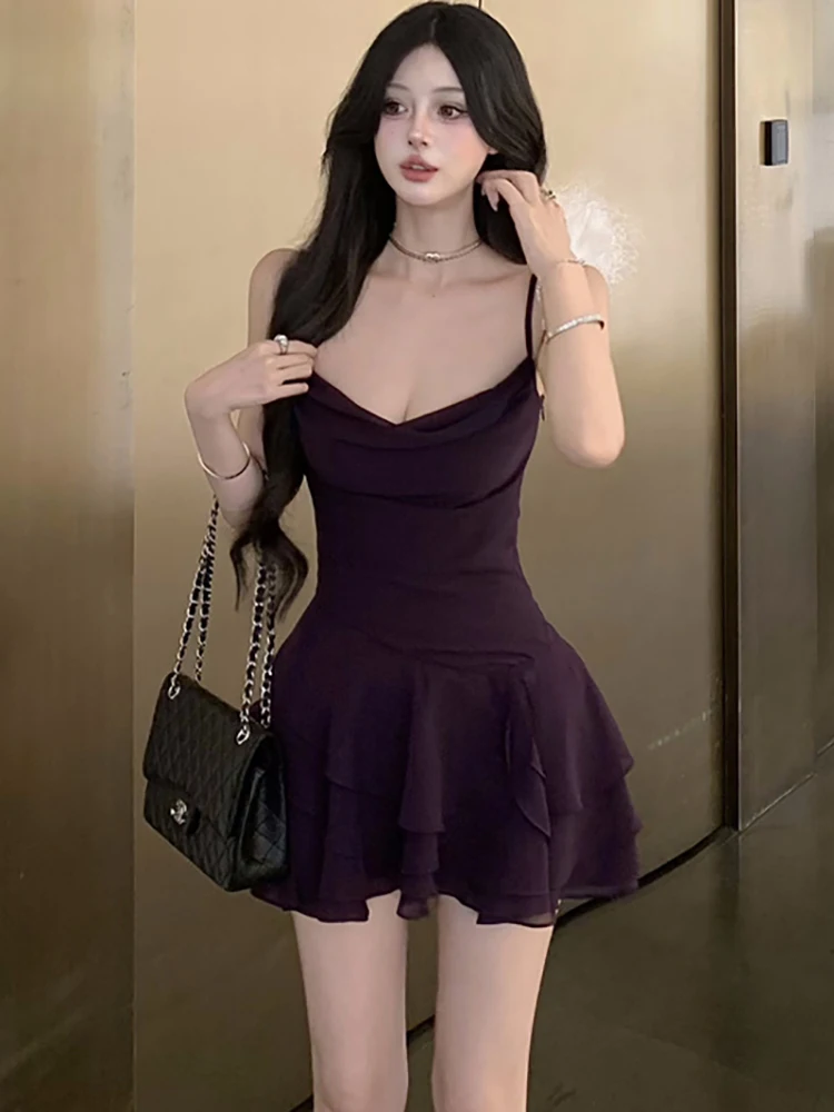 Женское шифоновое платье с оборками фиолетовое повседневное Элегантное