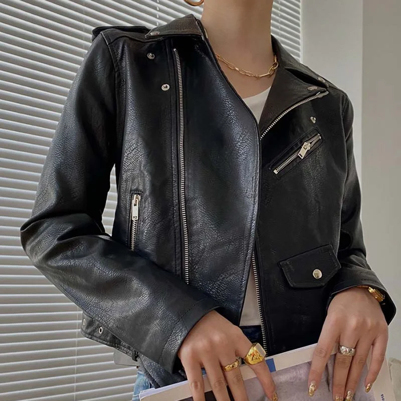 Women Short Coat Female Faux Leather Jackets PU Fashion 2021 Autumn Winter Turn-Down Collar Zippers Belt Motorcycle Gothic Punk