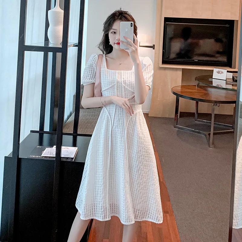 

2022 Summer New French Square Collar Puff Sleeve Dress Women Temperament Waist A-line Dress Vestido Feminino