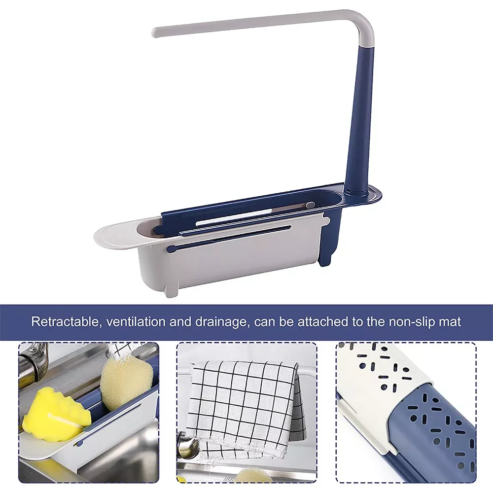 

NEW2023 Telescopic Sink Holder Adjustable Drainer Sink Tray Sponge Soap Holder Holder Dish Cloth Hanger for Home Kitchen 2-in-1