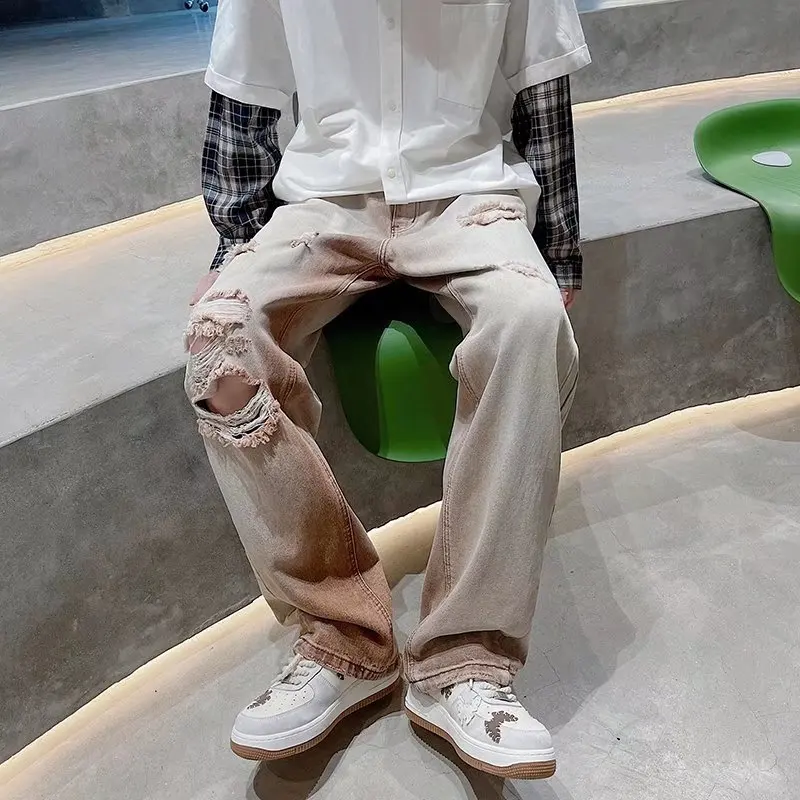 Denim Retro Ripped Patch Jeans Men Hot Sell Fashion Straight Casual New Style Streetwear Pants