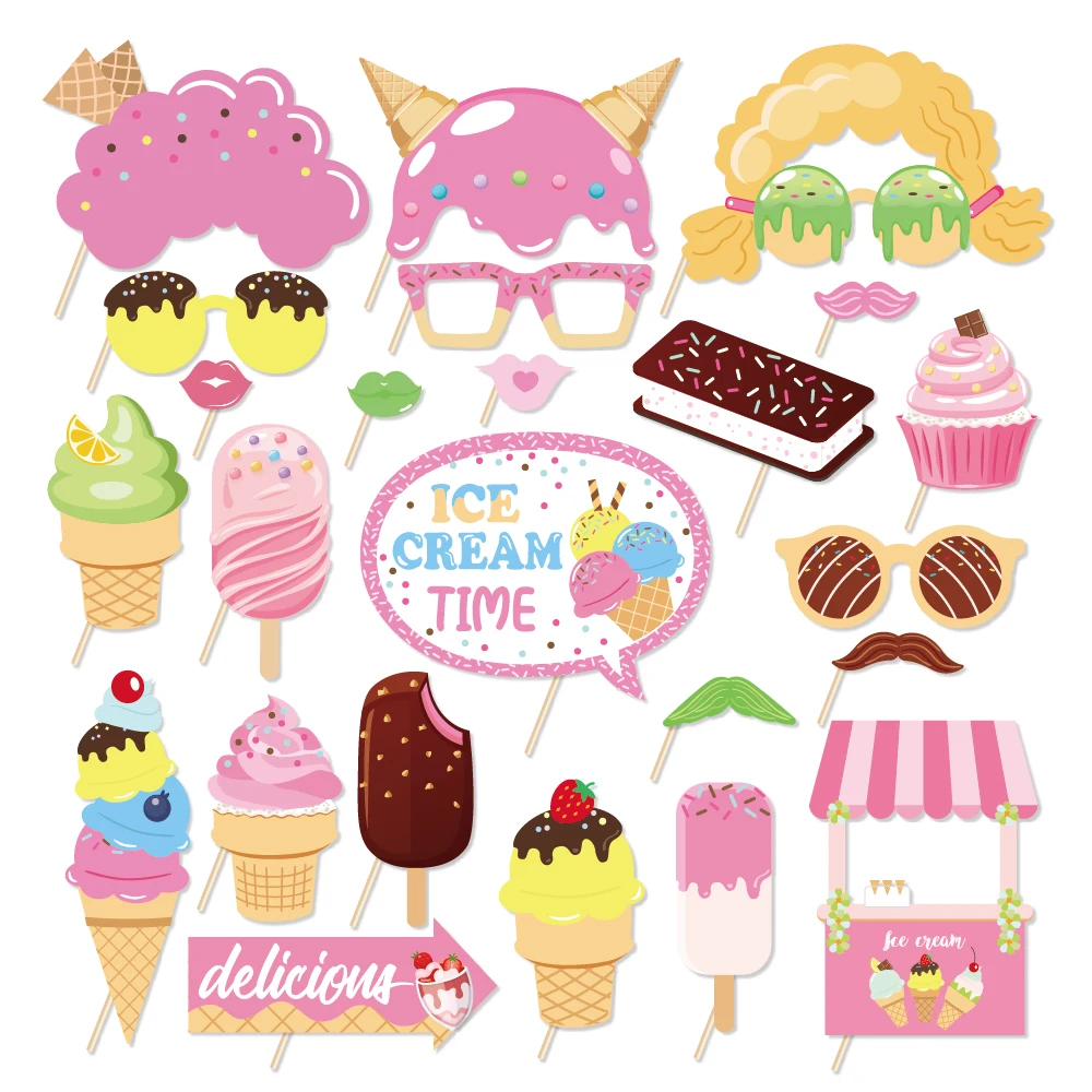 

25pcs/set Baby Girl Summer Ice Cream Dessert Fruit Birthday Party Paper Photobooth Props Hawaii Baby Shower Party Decors