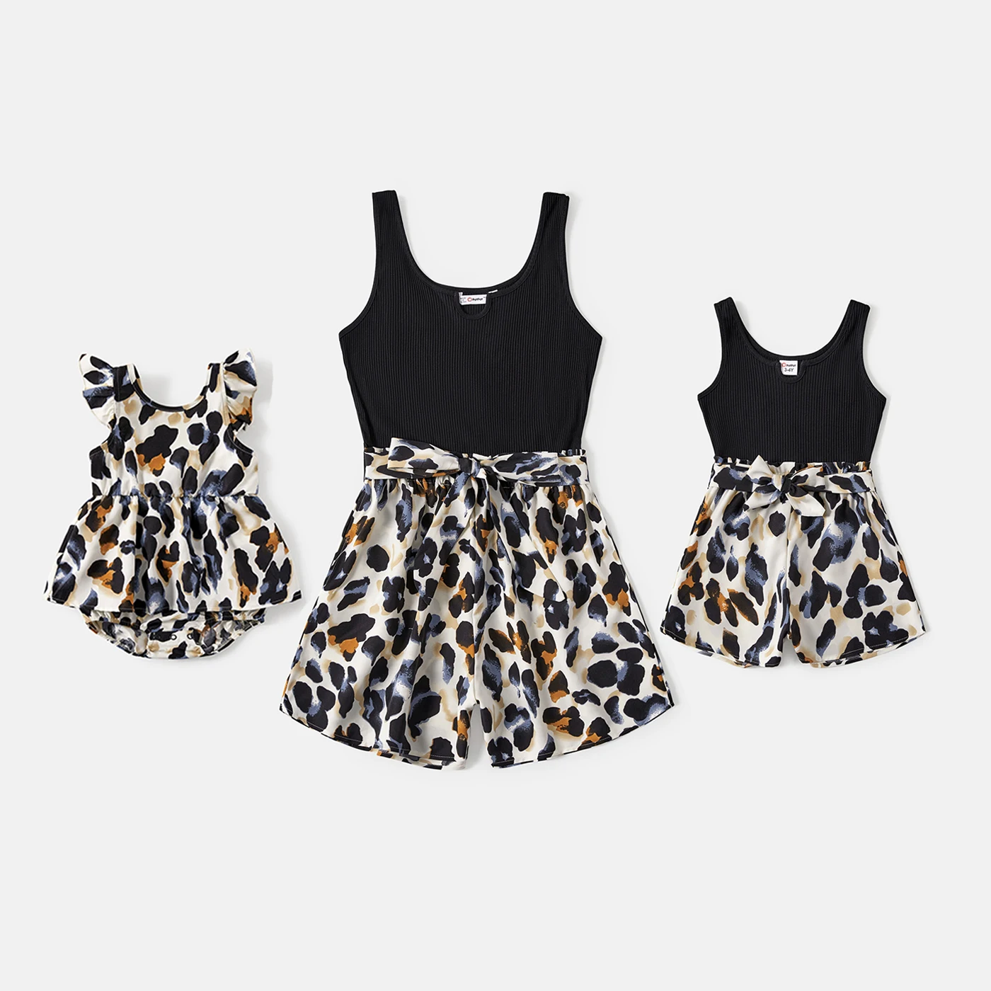 

PatPat Mommy and Me Black & Leopard Print Spliced Tank Rompers