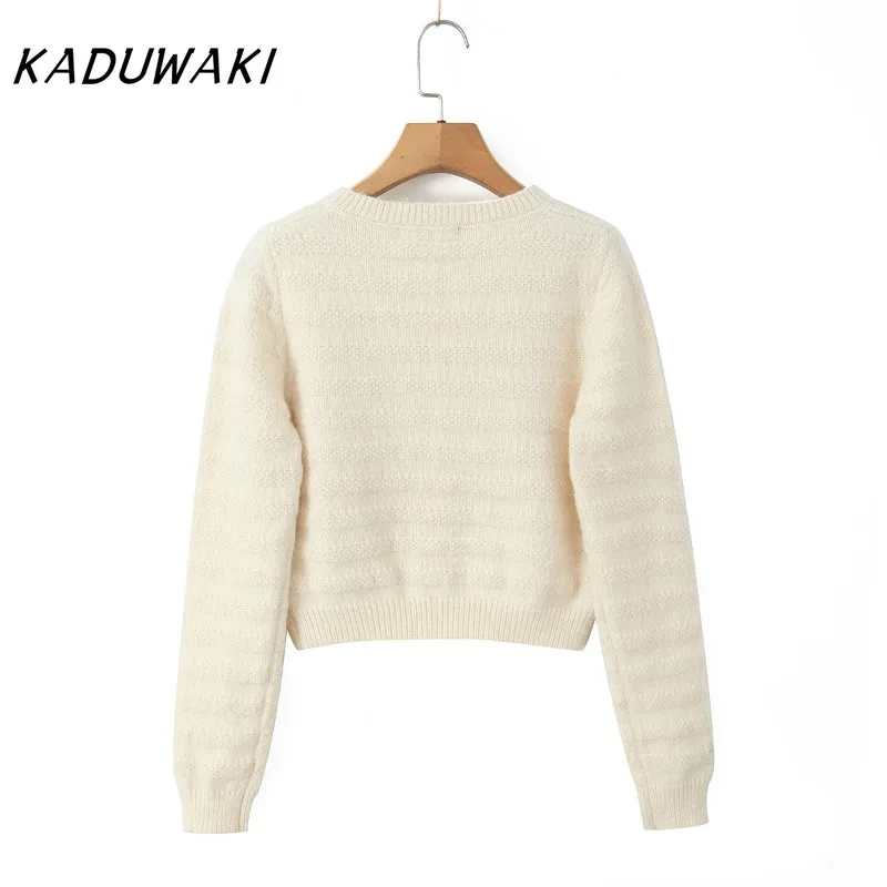 KADUWAKI американский классический бежевый джемпер с круглым вырезом и длинными