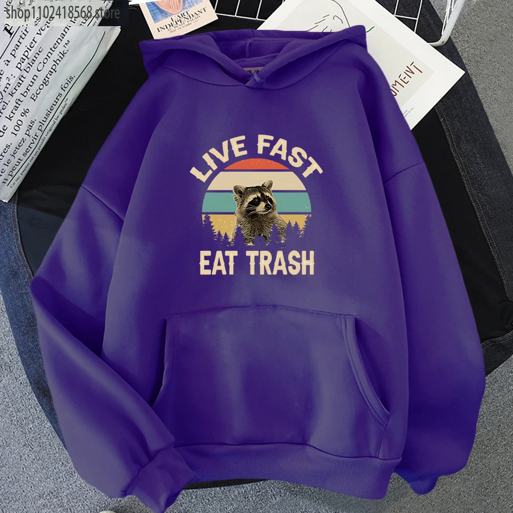 Women Sweatshirt Live Fast Eat Trash Raccoon Hoodies Aesthetic Fleece Pullovers Winter Harajuku Hooded Print Tops Streetwear Men images - 6