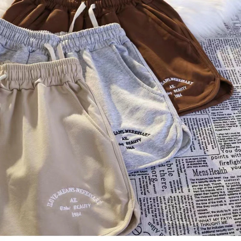Women Shorts Letter Embroidery Korean Shorts Elastic Waist Loose Casual Sport Shorts Outerwear Wide Leg Pants Female Bottoms2023