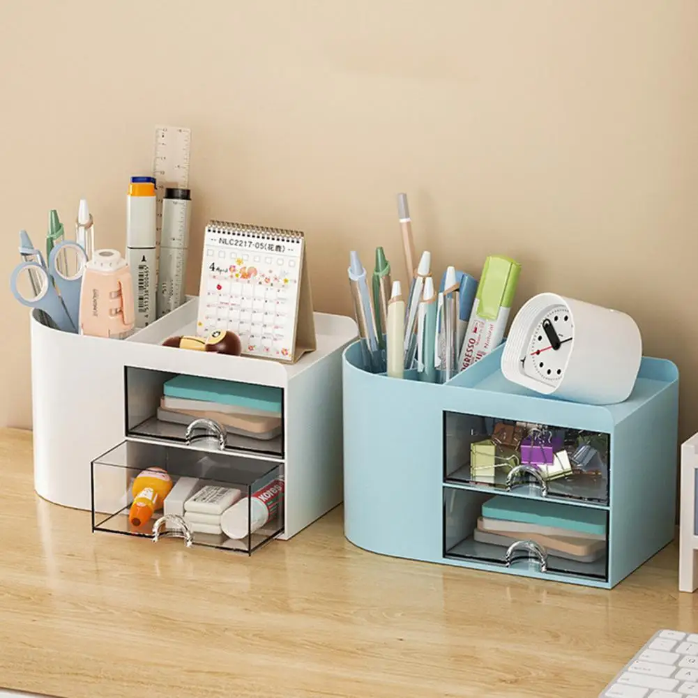 

Exquisite Pen Holder with Drawer Multifunctional 3-Colors Easy Cleaning Drawer Storage Box Office Supplies