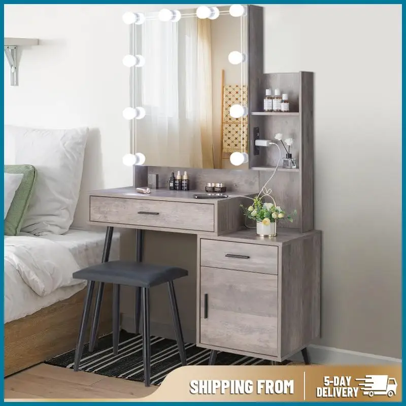 

Dressing Table with Dressing Stool Makeup Mirror High Gloss FCH Particleboard Triamine Veneer Table Top Bedroom Cosmetic Dresser