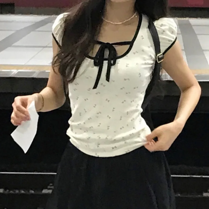 Y2K Bangage Футболка с оборками в стиле пэчворк кавайные женские гранж квадратным