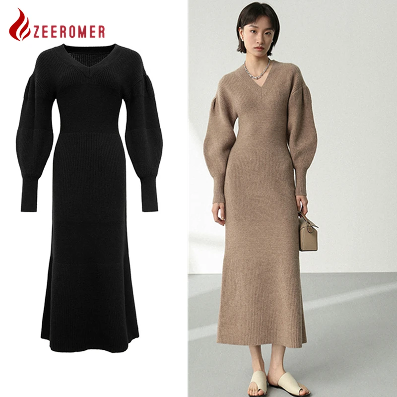 

Женское трикотажное платье-свитер, элегантное однотонное теплое длинное платье во французском стиле с V-образным вырезом и рукавами-фонариками, 2024