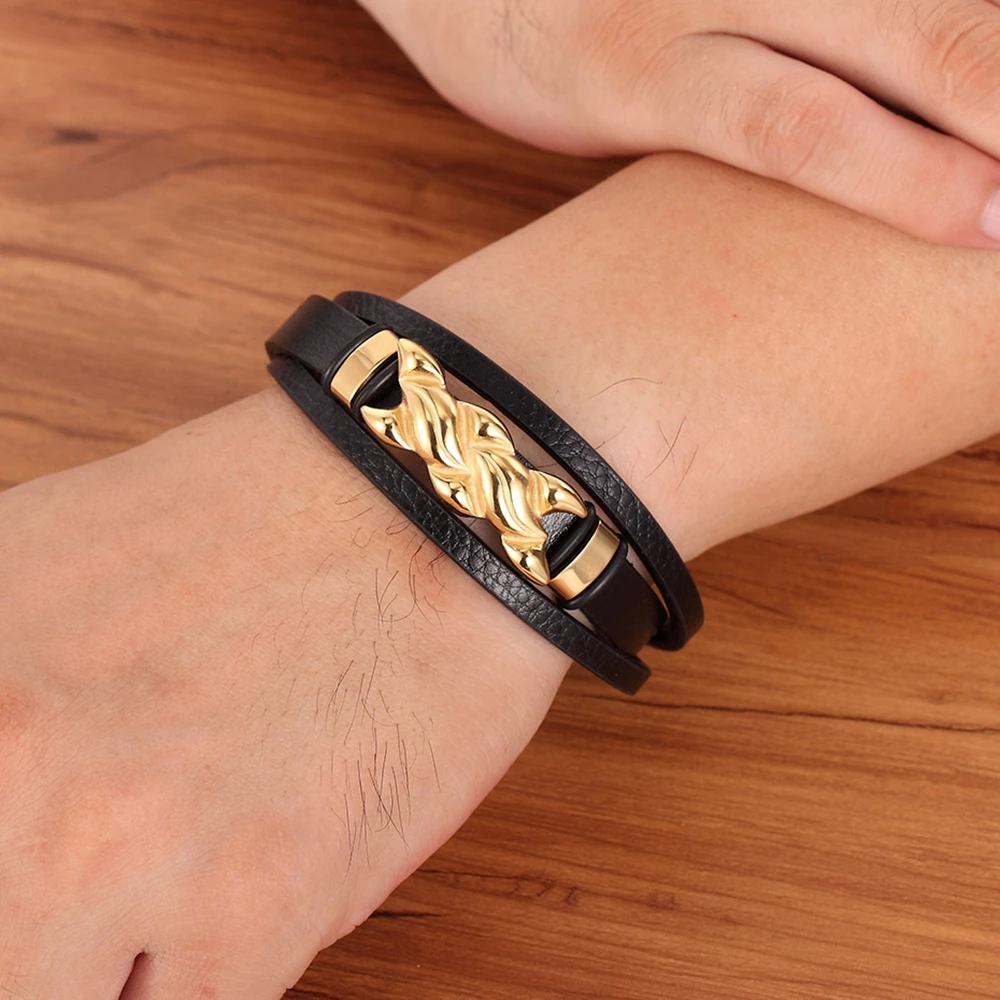 XQNI многослойные черные кожаные плетеные мужские браслеты ручной работы из