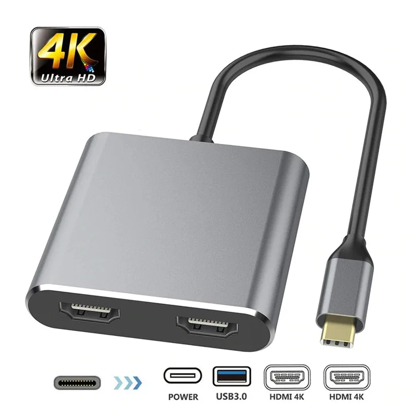 

USB C to Dual HDMI-compatible Adapter 4K 4 In 1 Type C to HDMI/USB 3.0/60W USB C PD Multiport Hub Converter For MacBook iPad Pro
