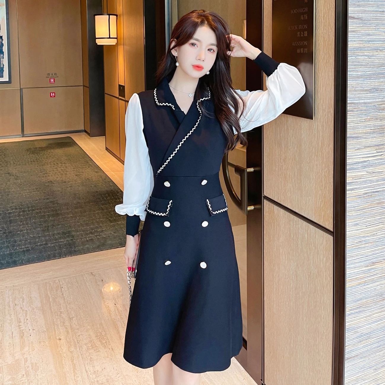 

Knitting Party Dress Summer Stitching Polo A-LINE Long Sleeve Dresses Knee-Length Houthion