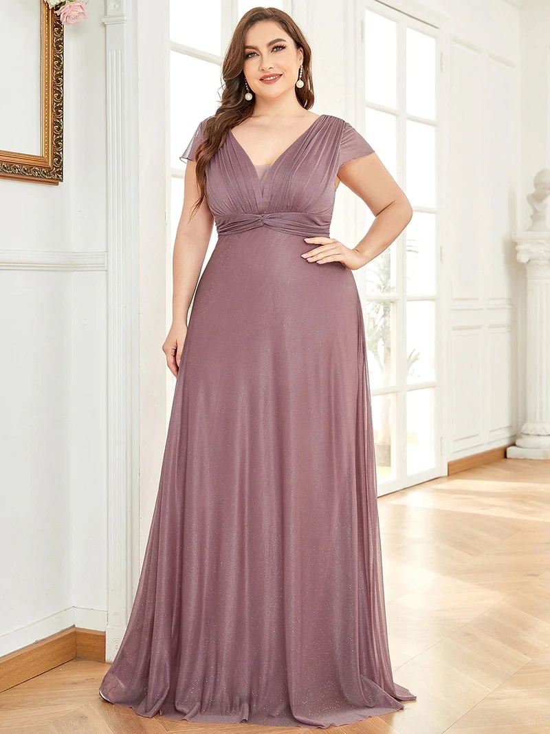 

Plus Size Evening Dresses Long A Line Deep V Neck Floor Length Gown 2022 Ever Pretty of Orchid Chiffon Elegant Prom Women Dress