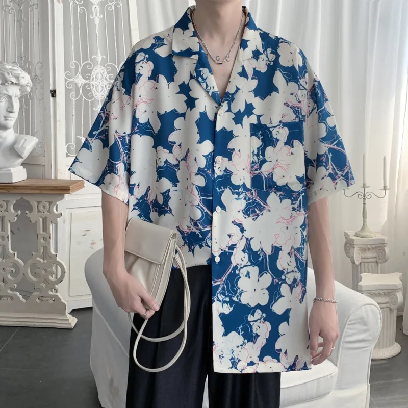 Summer Flower Shirt Men Fashion Print Casual Ice Silk Shirt Men Korean Loose Pocket Short Sleeve Shirt Mens Hawaiian Shirt M-2XL