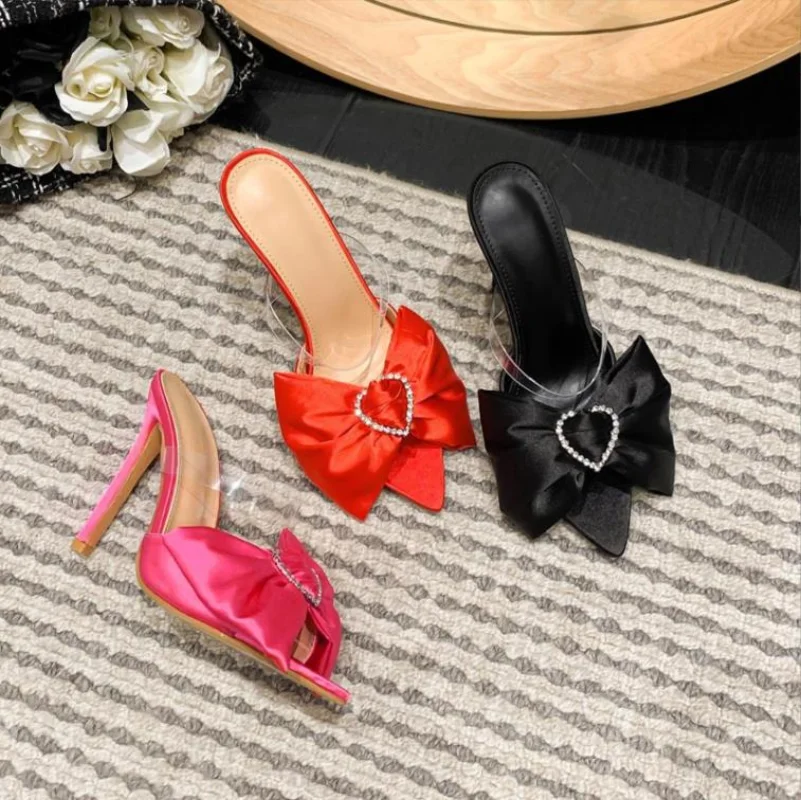 

Rhinestone Silk Butterfly-knot Women Mule high heels Slippers Sandals Pointed toe Strappy Slides Party shoes size 35-42