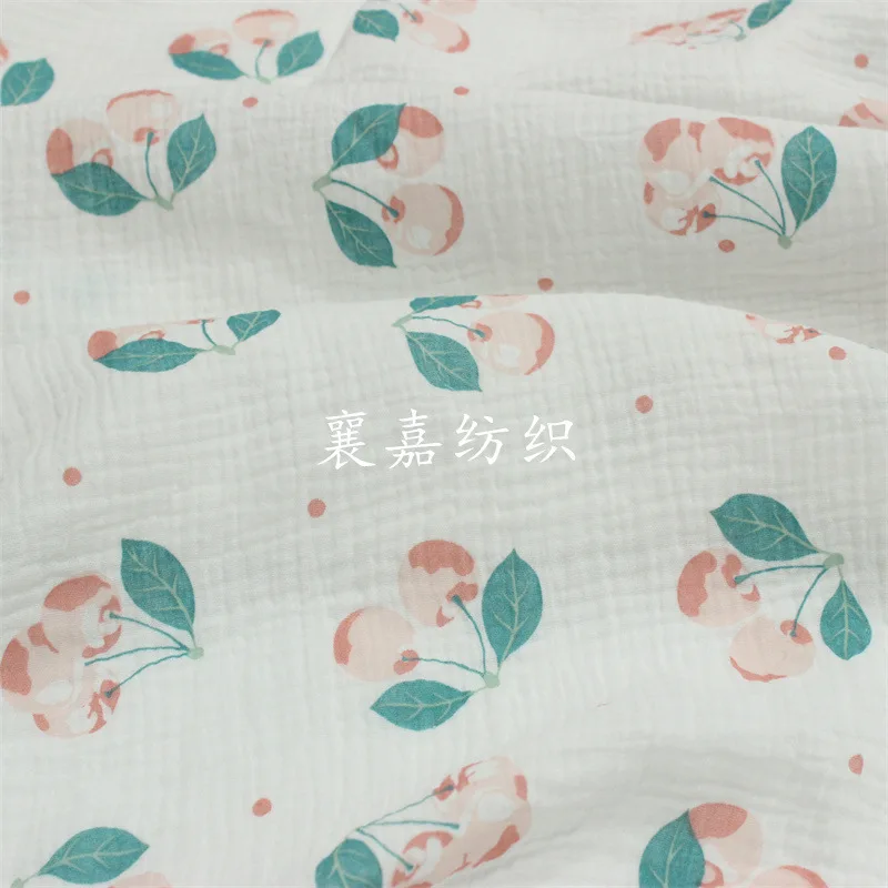 

50x135cm Double-layer Cotton Gauze Crepe Printed Cherry 100% Cotton Challie Fabric Crushed Breathable