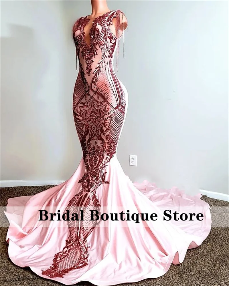 

Sexy Tassels Mermaid Prom Dress For Black Girls 2022 Beads Sparkly Sequins Birthday Party Formal Gowns Aso Ebi