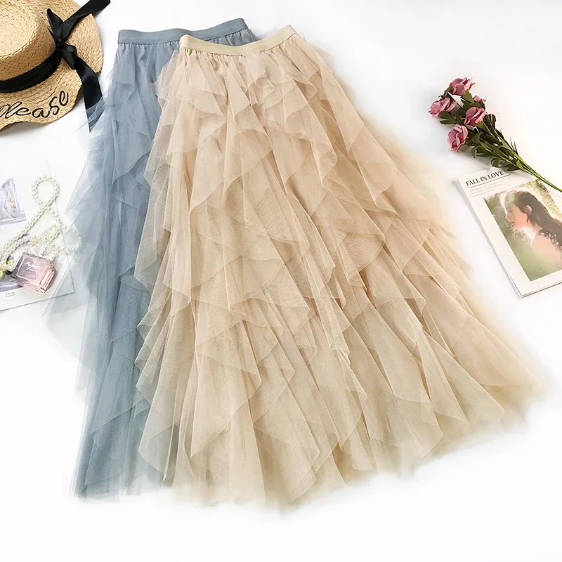 Wave Irregularity Design Women Midi Mesh Skirts Newly Fashion High Elastic Waist Ball Gown Tiered Tulle Skirt For Female Summer