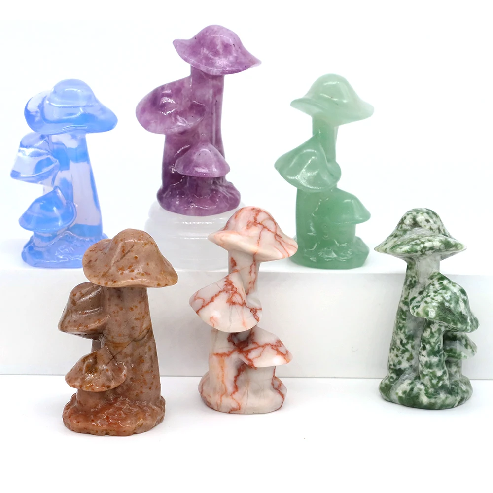 

50mm Natural Stone Mineral Crystal Trio Mushroom Statue Hand Carved Crafts Jungle Fungu Figurine Micro Landscape Decoration Gift