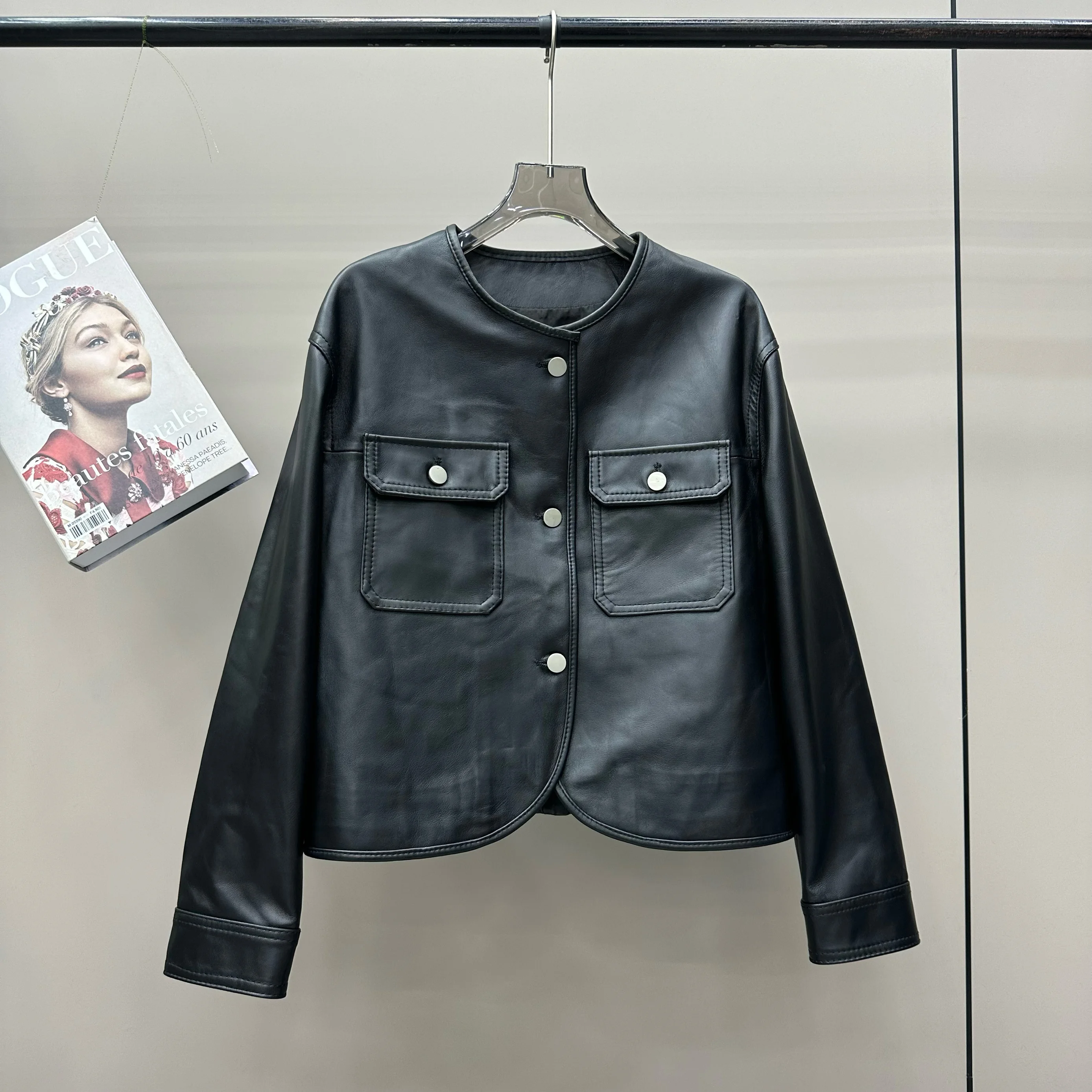 Осень 2024 новое женское пальто из натуральной кожи свободное утягивающее