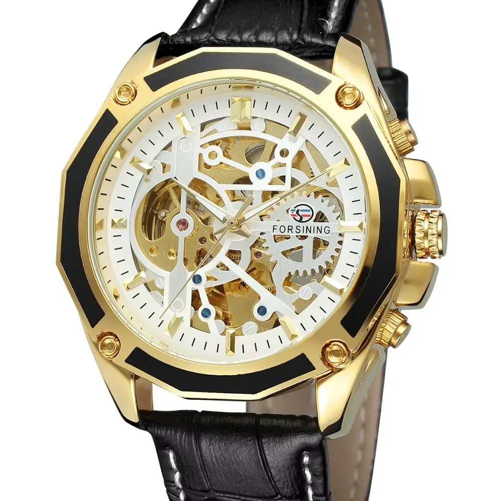 Часы FORSINING модный тренд крутой дизайн с полой резьбой черный кожаный ремень