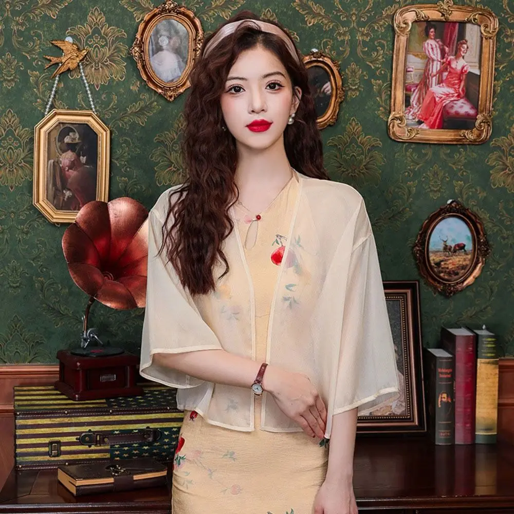 Прозрачная шифоновая маленькая куртка-шаль с коротким рукавом пляжные рубашки