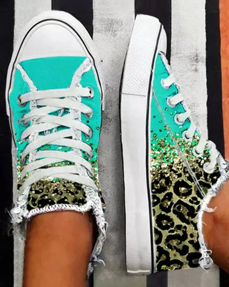 Women Shoes Casual Flat Daily Wear Sport Running Wear Contrast Leopard Gradient Fringe Hem Sneakers