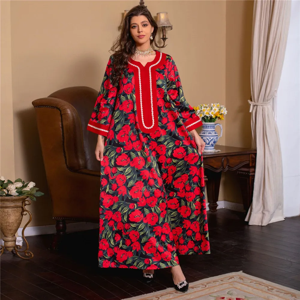 

Eid Mubarak Morocco Caftan Abaya Women Ramadan Vintage Muslim Floral Print Hijab Maxi Dress Turkey Arab Islam Clothing Jalabiya