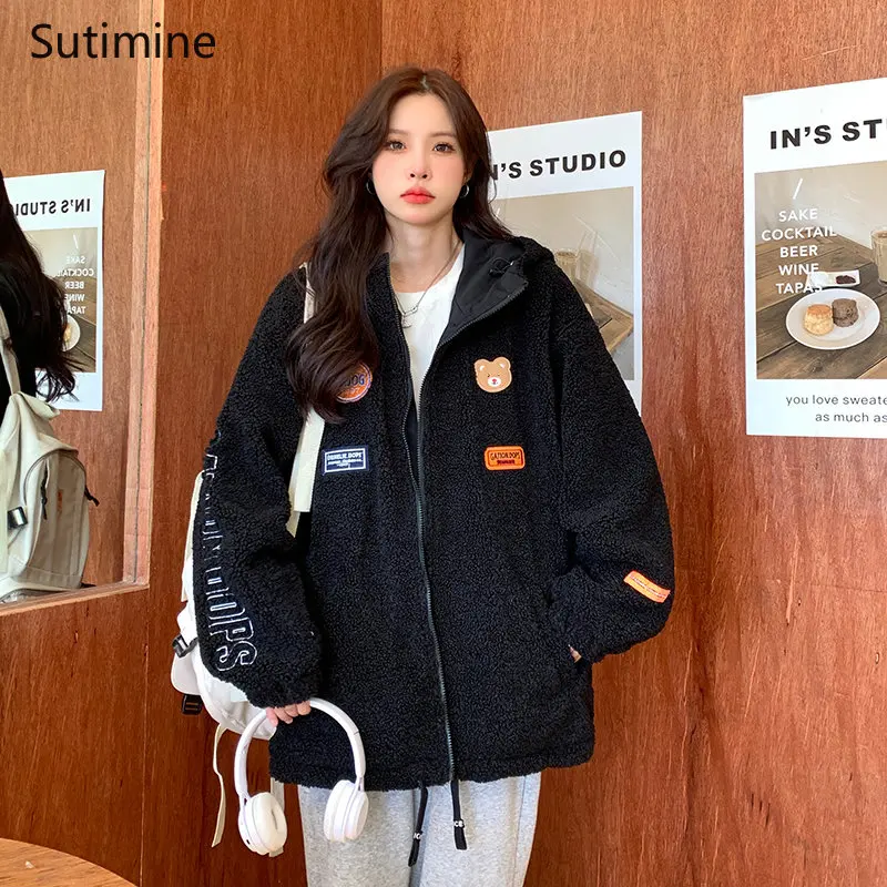 Winter Clothes Women Office Lady Lamb Wool Cotton Coat Women's Cashmere Thickened Pockets Zipper Hooded Winter Coat Women