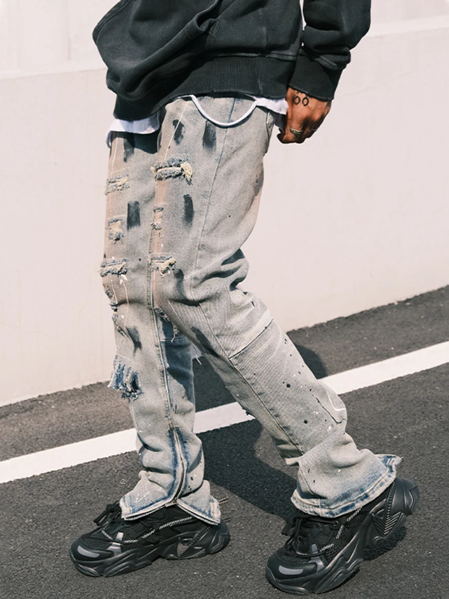 Four Seasons High Street Splashing Ink Hole Jeans Graffiti Style Men's Straight Trousers Y2k Men's Jeans Streetwear Ins Hot Sale